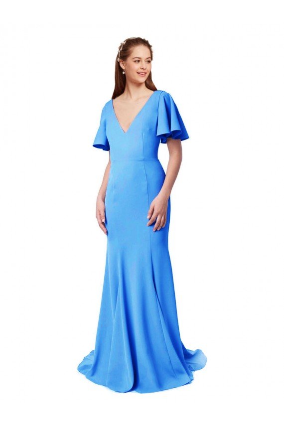 Shop Short Sleeves Long V-Neck Crepe Bridesmaid Dress / Prom Dress with V-Back Sydney