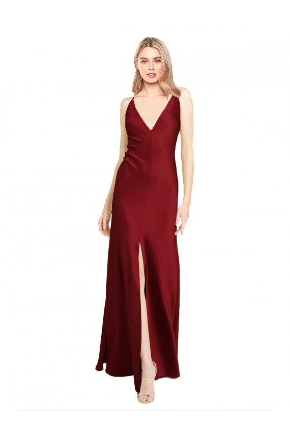 Shop Floor Length Deep V-Back Formal Stretch Satin Bridesmaid Dress / Prom Dress with Front Slit Sydney