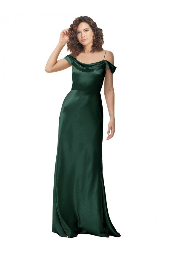 Shop Off the Shoulder Sleeves Long Formal Stretch Satin Bridesmaid Dress / Prom Dress with Pleated Draped Neckline Sydney