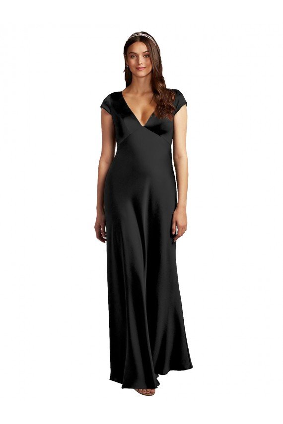 Shop Plunging V-Neck Cap Cleeves Long Formal Stretch Satin Bridesmaid Dress / Prom Dress with Keyhole Back Sydney