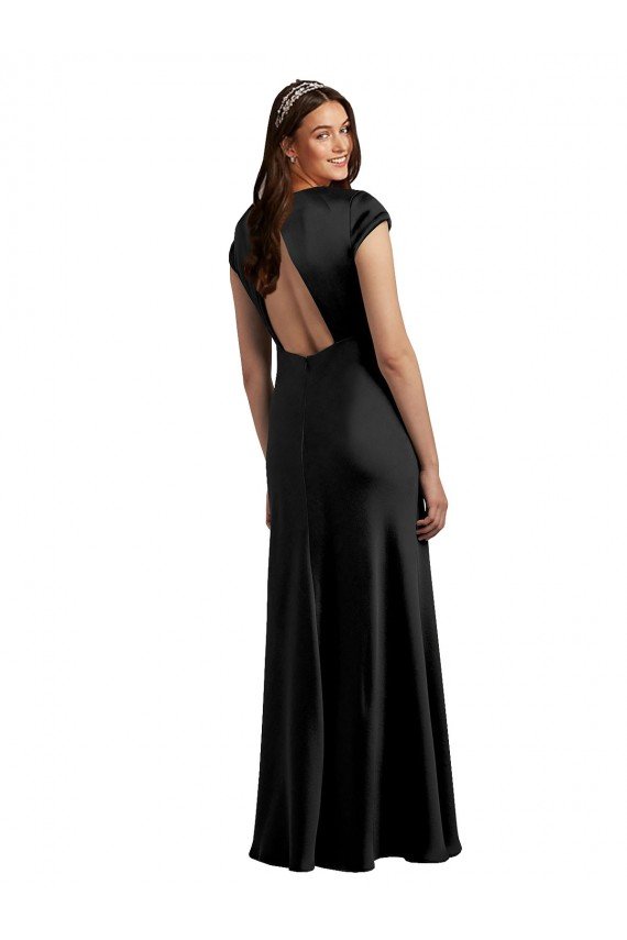 Shop Plunging V-Neck Cap Cleeves Long Formal Stretch Satin Bridesmaid Dress / Prom Dress with Keyhole Back Sydney