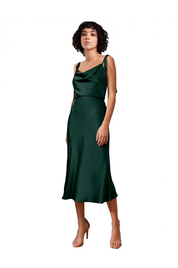 Shop Spaghetti Straps Tie Shoulders Cowl Neck Short Midi Length Formal Stretch Satin Cocktail Bridesmaid Dress / Prom Dress Sydney
