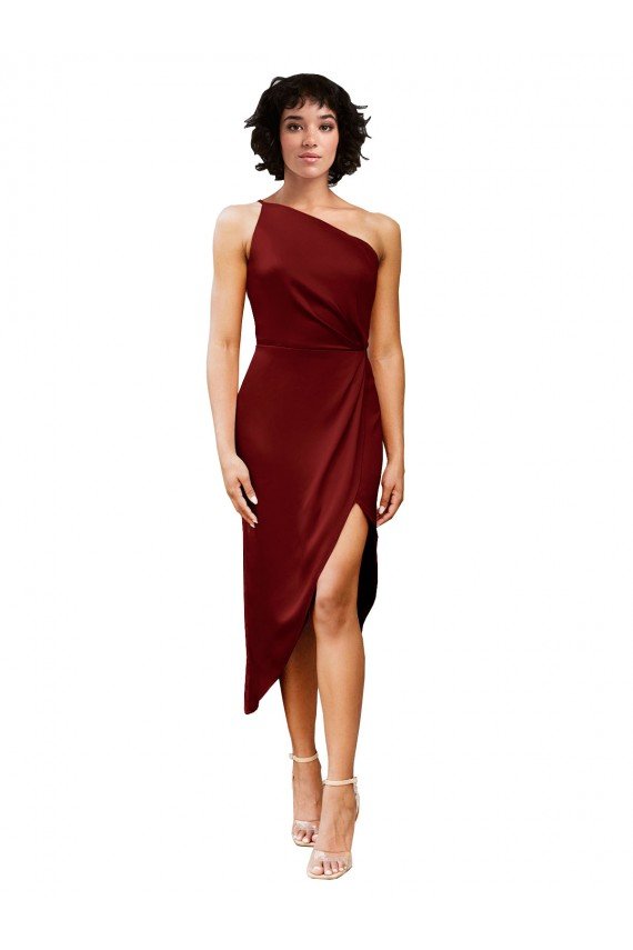 Shop One Shoulder Cocktail Midi Length Short Formal Stretch Satin Wrap Style Bridesmaid Dress / Prom Dress Sydney