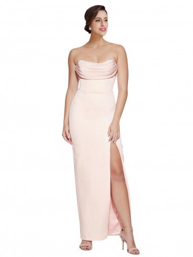 Shop Cowl Neck Strapless Formal Stretch Satin Bridesmaid Dress / Prom Dress with High Split Sydney