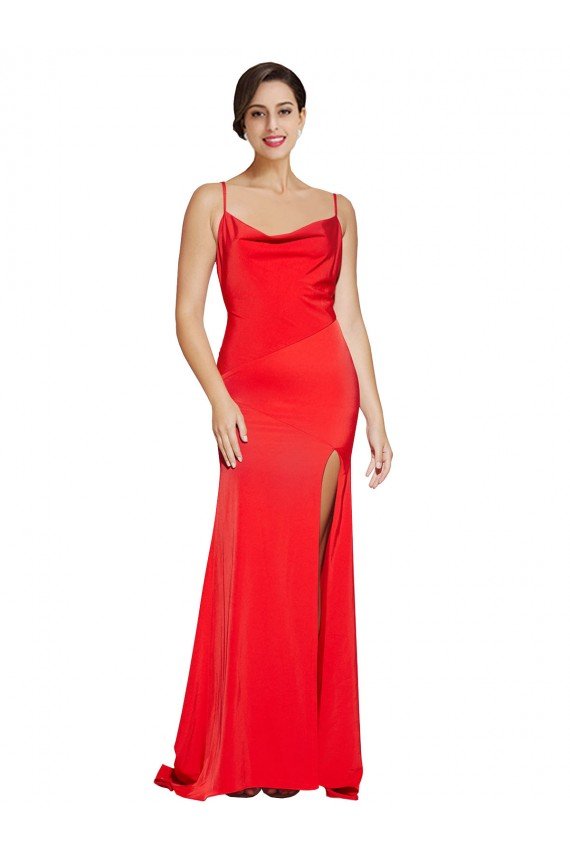 Shop Low Back Cowl Neck Formal Stretch Satin Bridesmaid Dress / Prom Dress with High Side Slit Sydney