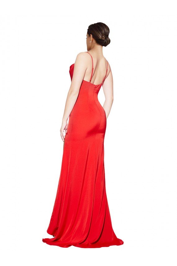 Shop Low Back Cowl Neck Formal Stretch Satin Bridesmaid Dress / Prom Dress with High Side Slit Sydney