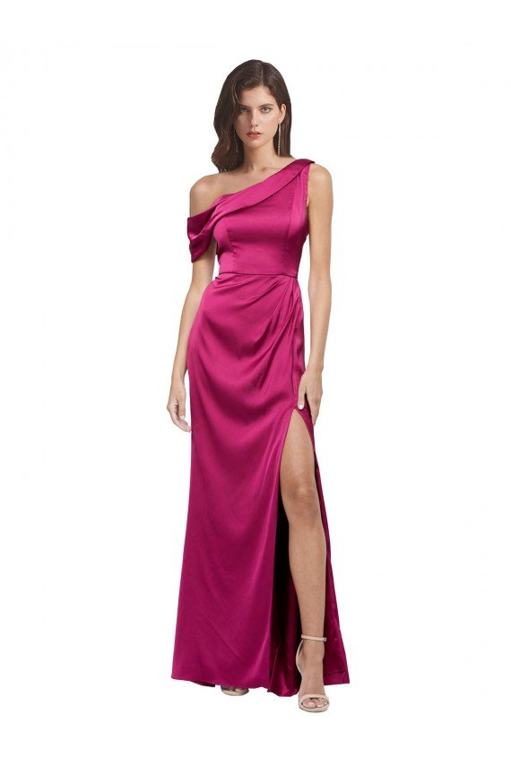 Shop Off the Shoulder Short Sleeves Formal Stretch Satin Bridesmaid Dress / Prom Dress with Side Slit Sydney