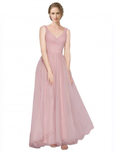Long Floor Length Wide Strap Plunge Cross Over Neckline Tulle Bridesmaid Dress Sydney
