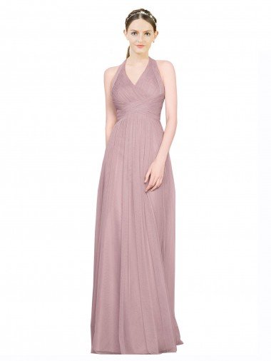 Shop Ruffled Halter V-Neck Long Tulle Bridesmaid Dress with Pleats Sydney