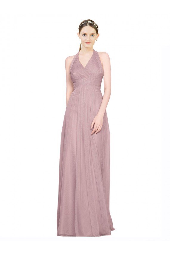 Shop Ruffled Halter V-Neck Long Tulle Bridesmaid Dress with Pleats Sydney