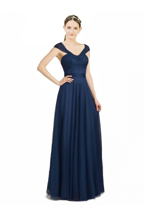 Shop Ruched Sweetheart Long A-Line Tulle Bridesmaid Dress with Wide Straps and Tie Back Sydney