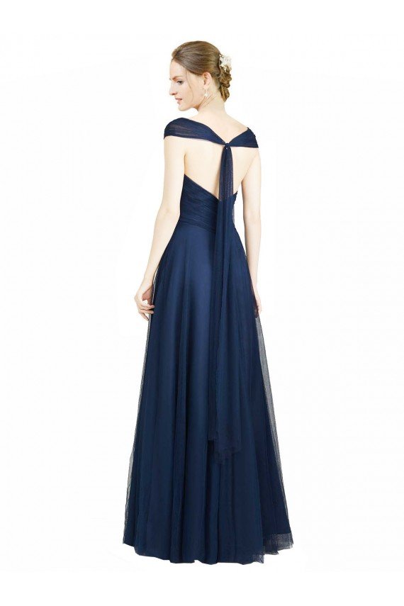 Shop Ruched Sweetheart Long A-Line Tulle Bridesmaid Dress with Wide Straps and Tie Back Sydney