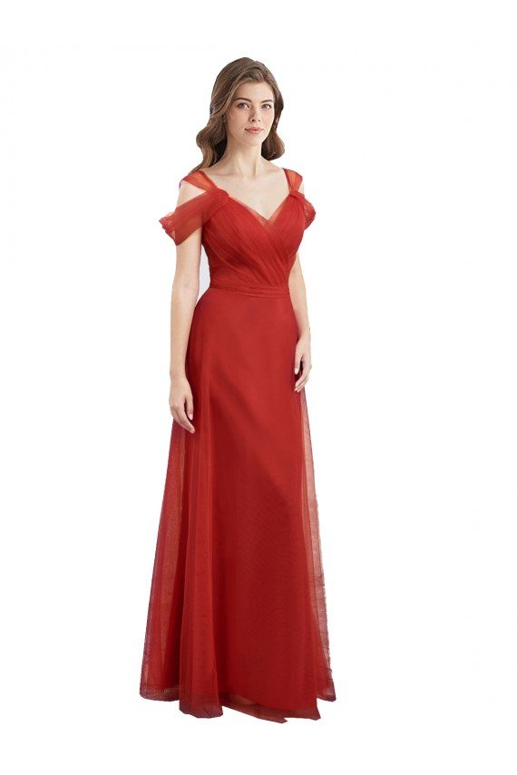 Shop Cold Shoulder Pleated Wrap Tulle Bridesmaid Dress with Low V-Back Sydney