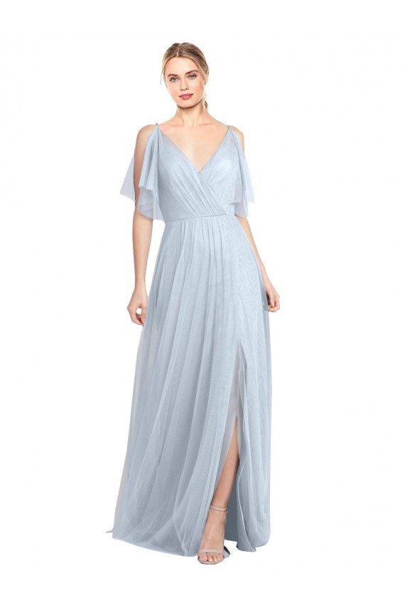 Floor Length Flutter Sleeves Long Tulle Bridesmaid Dress with Side Slit Sydney