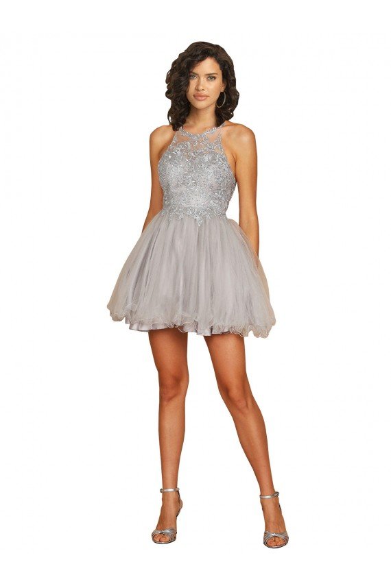 Shop Halter Neckline Criss Cross Back Short Cocktail Dress with Beaded Lace Bodice Sydney