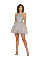 Shop Halter Neckline Criss Cross Back Short Cocktail Dress with Beaded Lace Bodice Sydney