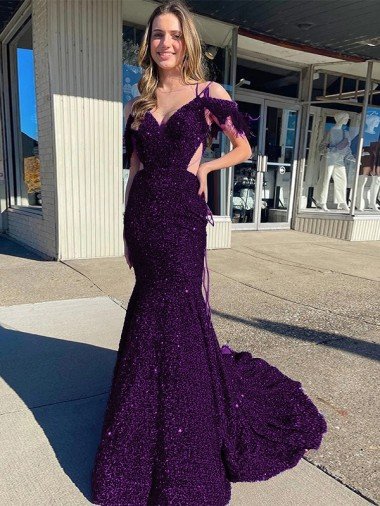 Shop Cold Shoulder Sleeveless Long Court Train Velvet Sequin Prom Dress Sydney