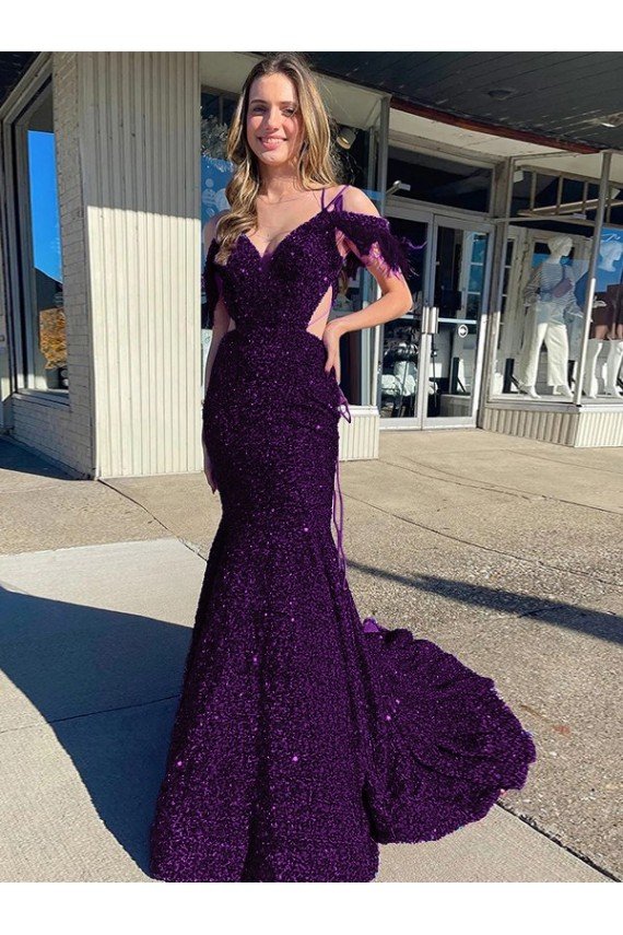 Shop Cold Shoulder Sleeveless Long Court Train Velvet Sequin Prom Dress Sydney