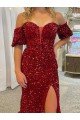 Shop Off the Shoulder Short Sleeves Long Floor Length Velvet Sequin Prom Dress with High Slit Sydney