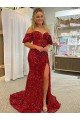 Shop Off the Shoulder Short Sleeves Long Floor Length Velvet Sequin Prom Dress with High Slit Sydney