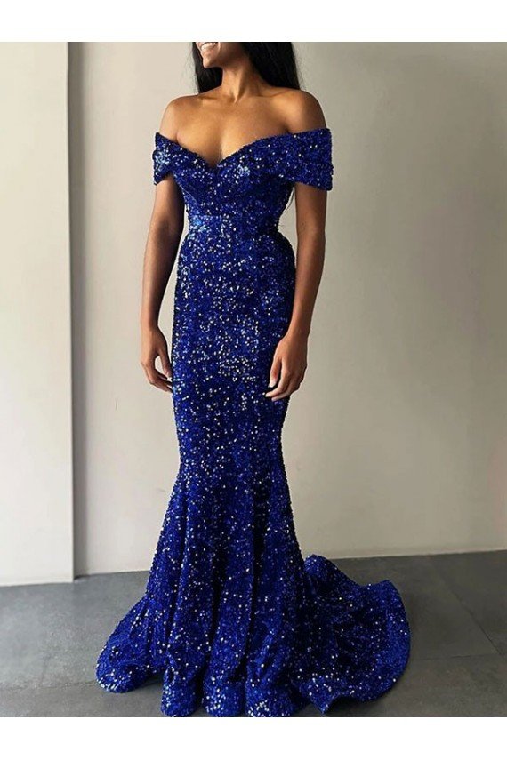 Mermaid Off the Shoulder Sleeveless Long Sweep Train Velvet Sequin Prom Dress Sydney