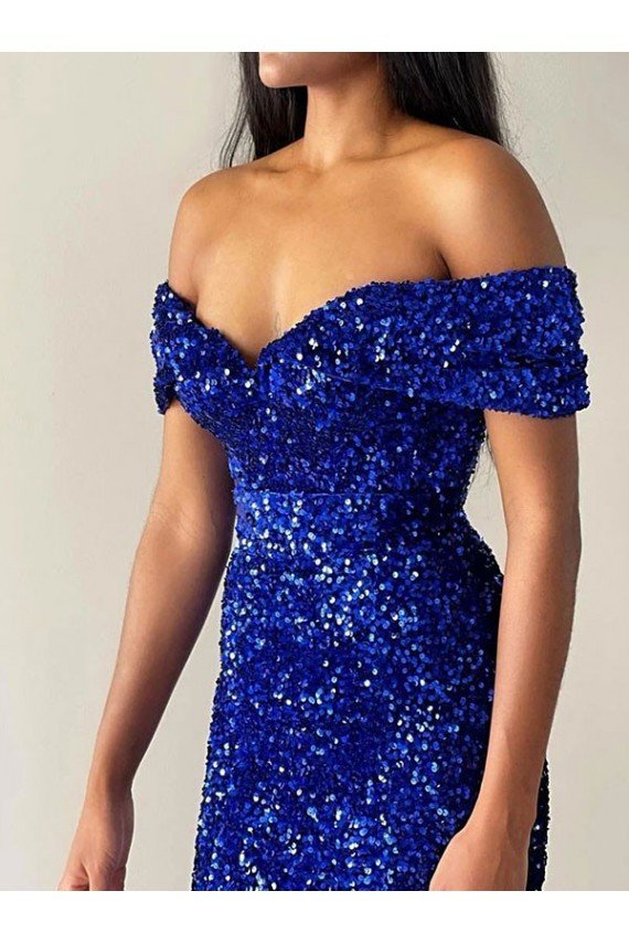 Mermaid Off the Shoulder Sleeveless Long Sweep Train Velvet Sequin Prom Dress Sydney