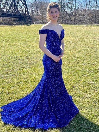 Shop Off the Shoulder Sleeveless Long Sweep Train Velvet Sequin Prom Dress Sydney