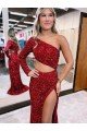 Shop Mermaid One Shoulder Long Sleeves Long Sweep Train Velvet Sequin Prom Dress with High Slit Sydney