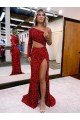 Shop Mermaid One Shoulder Long Sleeves Long Sweep Train Velvet Sequin Prom Dress with High Slit Sydney