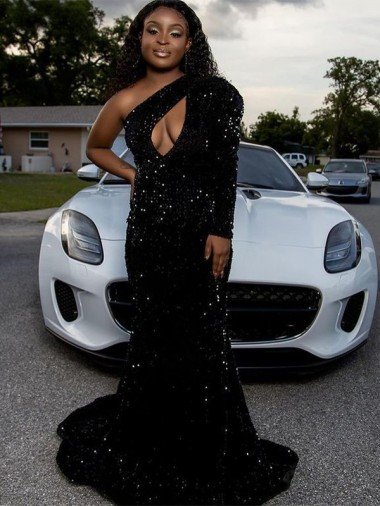 Shop One Shoulder Long Sleeves Long Sweep Train Velvet Sequin Prom Dress Sydney