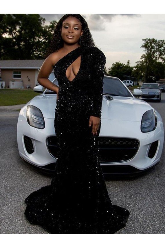 Shop One Shoulder Long Sleeves Long Sweep Train Velvet Sequin Prom Dress Sydney