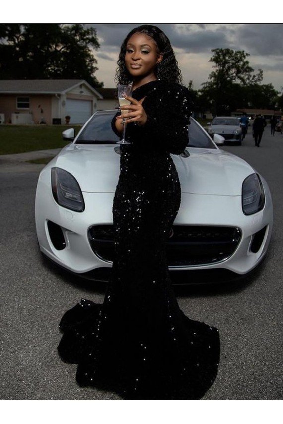 Shop One Shoulder Long Sleeves Long Sweep Train Velvet Sequin Prom Dress Sydney