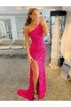 Shop One Shoulder Sleeveless Long Velvet Sequin Prom Dress with High Slit Sydney