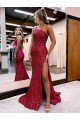 Shop Mermaid One Shoulder Sleeveless Long Sweep Train Velvet Sequin Prom Dress with High Slit Sydney