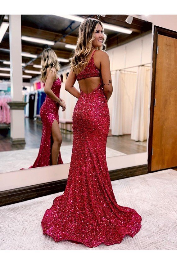 Shop Mermaid One Shoulder Sleeveless Long Sweep Train Velvet Sequin Prom Dress with High Slit Sydney