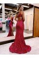 Shop Mermaid One Shoulder Sleeveless Long Sweep Train Velvet Sequin Prom Dress with High Slit Sydney
