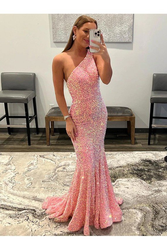 Shop Open Back One Shoulder Sleeveless Long Sweep Train Velvet Sequin Prom Dress Sydney