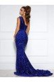 Shop Mermaid One Shoulder Sleeveless Long Court Train Velvet Sequin Prom Dress with Slit Sydney