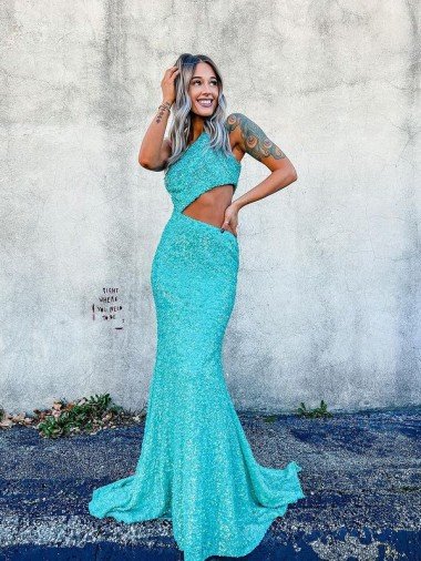 Shop Mermaid One Shoulder Sleeveless Long Sweep Train Velvet Sequin Prom Dress Sydney