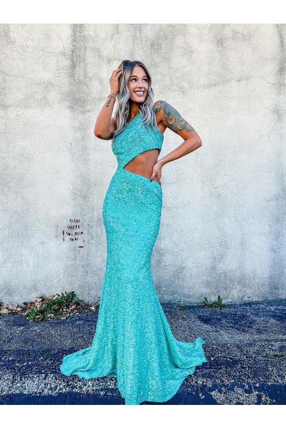 Shop Mermaid One Shoulder Sleeveless Long Sweep Train Velvet Sequin Prom Dress Sydney