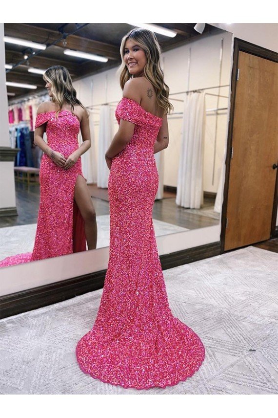 Shop One Shoulder Sleeveless Long Sweep Train Velvet Sequin Prom Dress with Side Slit Sydney