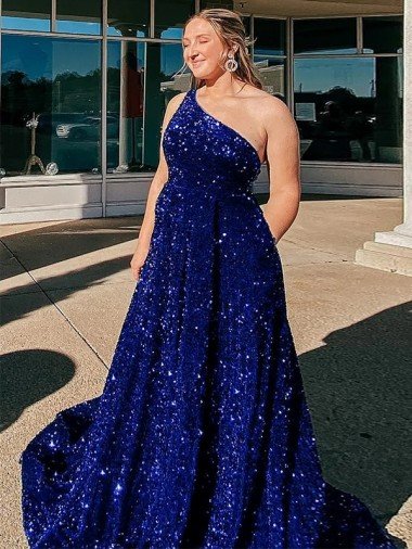 Shop A-Line One Shoulder Sleeveless Long Sweep Train Velvet Sequin Prom Dress with Pockets Sydney
