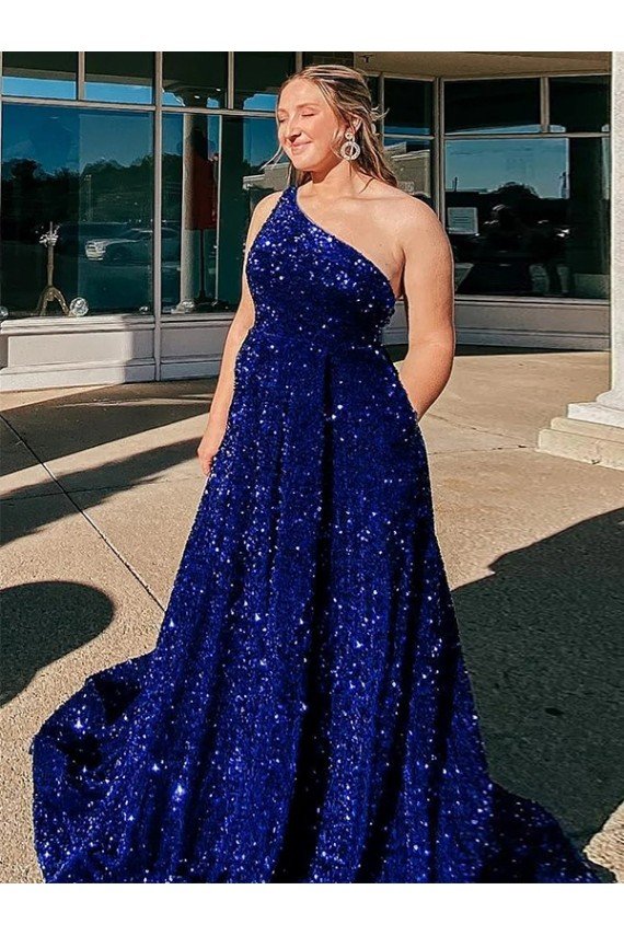 Shop A-Line One Shoulder Sleeveless Long Sweep Train Velvet Sequin Prom Dress with Pockets Sydney