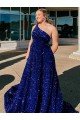 Shop A-Line One Shoulder Sleeveless Long Sweep Train Velvet Sequin Prom Dress with Pockets Sydney
