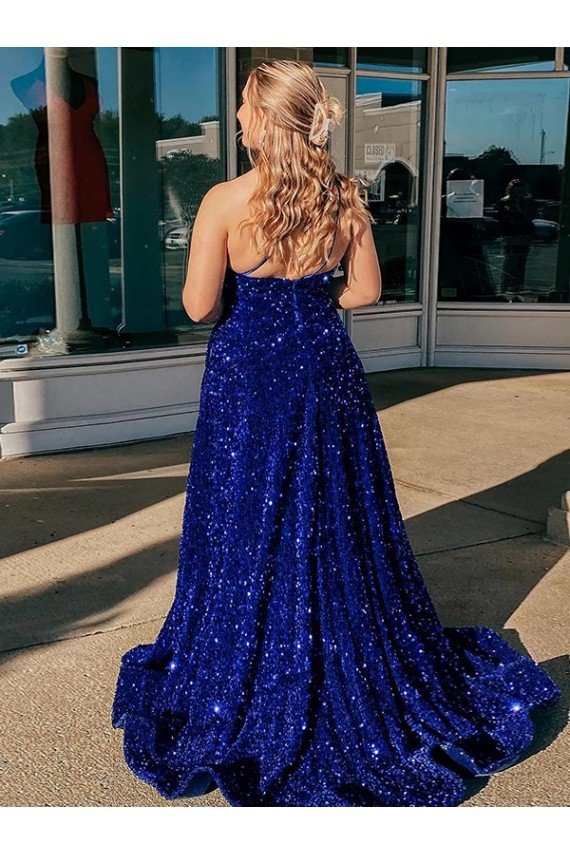 Shop A-Line One Shoulder Sleeveless Long Sweep Train Velvet Sequin Prom Dress with Pockets Sydney