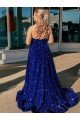 Shop A-Line One Shoulder Sleeveless Long Sweep Train Velvet Sequin Prom Dress with Pockets Sydney