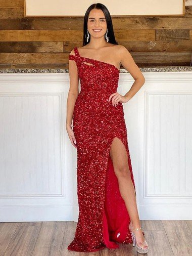 Shop One Shoulder Sleeveless Long Sweep Train Velvet Sequin Prom Dress Sydney