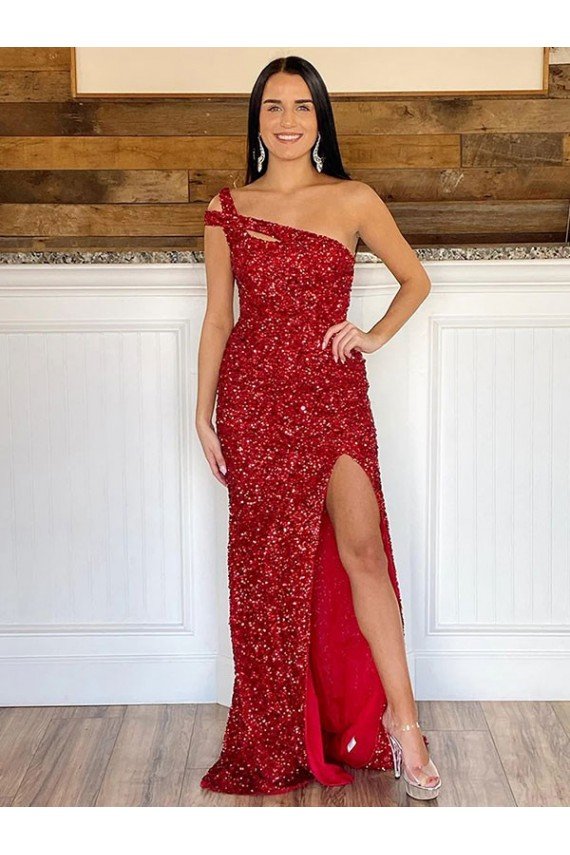 Shop One Shoulder Sleeveless Long Sweep Train Velvet Sequin Prom Dress Sydney