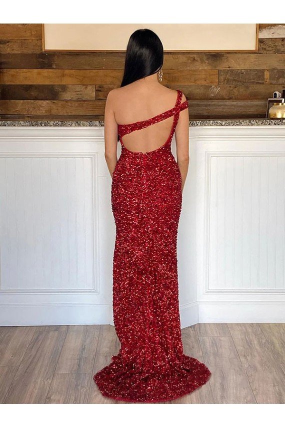Shop One Shoulder Sleeveless Long Sweep Train Velvet Sequin Prom Dress Sydney