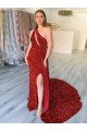 Shop One Shoulder Sleeveless Long Court Train Velvet Sequin Prom Dress with Slit Sydney